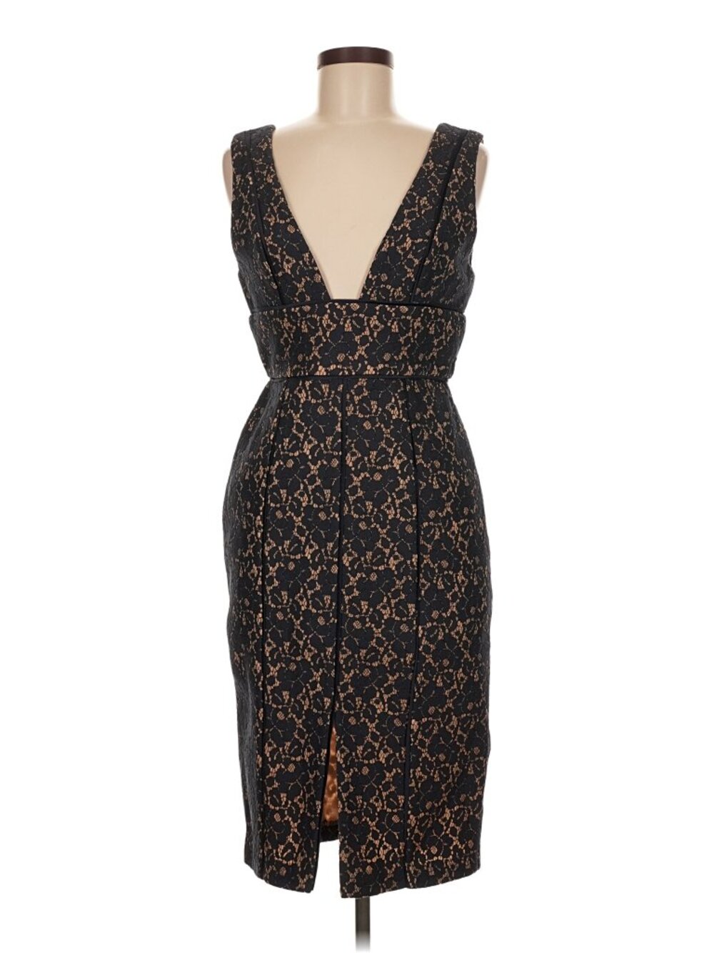 Keepsake The Label "Too Soon" Navy Tan Tweed Lace Plunge Sheath Dress - Size M